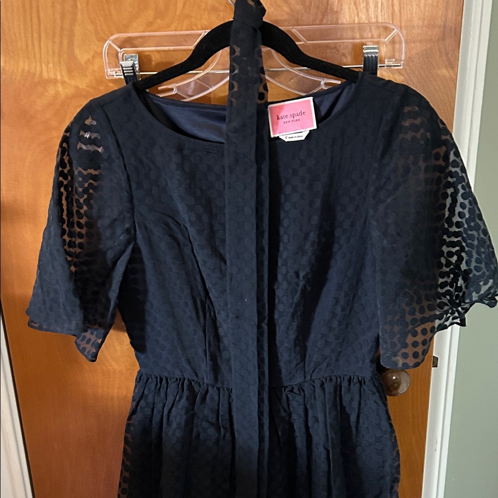 Kate Spade Midnight Blue Dress with Sheer Sleeves and polka dot print